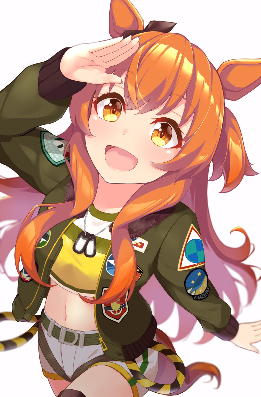 1girl absurdres animal_ears arm_support atelier_z44 belt bomber_jacket breasts brown_ribbon brown_thighhighs closed_mouth commentary cowboy_shot crop_top dog_tags ear_ribbon green_belt green_jacket hair_between_eyes hand_up highres horse_ears horse_girl jacket long_hair long_sleeves looking_at_viewer mayano_top_gun_(umamusume) midriff navel open_clothes open_jacket orange_eyes orange_hair ribbon salute shadow shirt short_shorts shorts sidelocks sitting small_breasts smile solo thighhighs two_side_up umamusume white_background white_shorts yellow_shirt