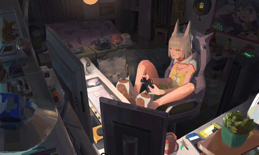 1boy 1girl absurdres animal_ears bed cat_ears cat_slippers chair character_doll controller desk dromarch_(xenoblade) facial_mark game_controller gaming_chair gb_(1025385142) grey_hair highres monitor mythra_(xenoblade) nia_(xenoblade) poppi_(xenoblade) pyra_(xenoblade) rex_(xenoblade) short_hair sleeping strap_slip swivel_chair tank_top tora_(xenoblade_2) whisker_markings xenoblade_chronicles_(series) xenoblade_chronicles_2 yellow_eyes