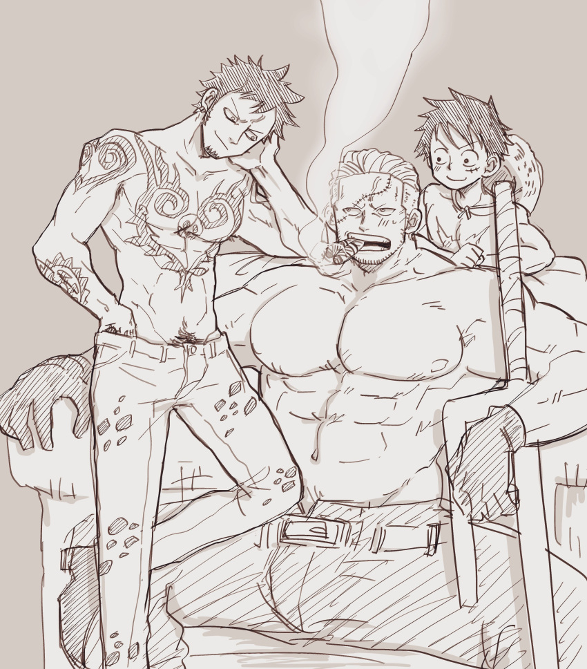 3boys abs absurdres armpit_hair armpit_hair_peek bara blush brown_theme denim elbow_rest eye_contact facial_hair goatee hand_under_clothes hatching_(texture) highres jeans large_pectorals looking_at_another m_cwfe male_focus mature_male medium_sideburns monkey_d._luffy monochrome multiple_boys muscular muscular_male nipples one_piece pants pectorals planted scar scar_on_face scar_on_forehead short_hair sideburns_stubble size_difference smirk smoke smoker_(one_piece) sparse_stubble spread_legs stitches strongman_waist stubble toned toned_male topless_male trafalgar_law tsurime unfinished white_hair yaoi