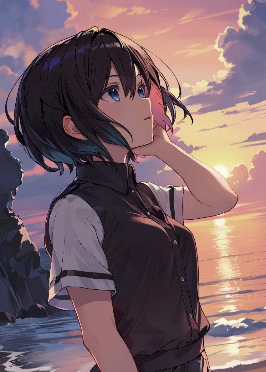 1girl beach black_vest blue_eyes blush bob_cut breasts brown_hair buttons cloud cloudy_sky collared_vest commentary_request hand_in_own_hair highres looking_afar looking_up medium_breasts multicolored_hair ocean original outdoors pink_hair reflection reflective_water rock shirt short_hair short_sleeves sky solo sun sunlight sunset twilight two-tone_hair upper_body vest waves white_shirt wind yuna_rebun