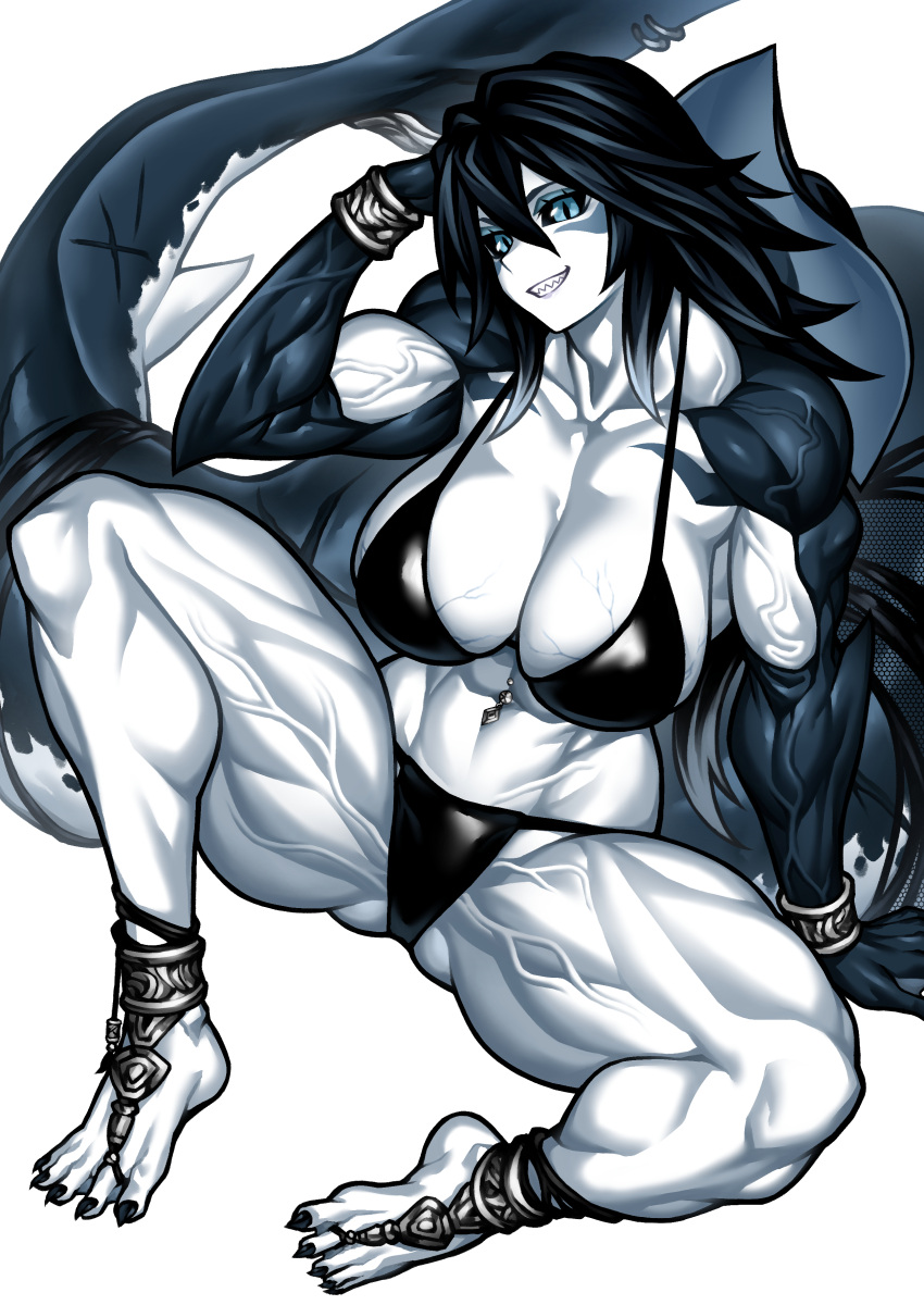 1girl abs absurdres bikini black_bikini black_hair black_nails black_sclera blue_eyes blue_skin bracelet breasts collarbone colored_sclera colored_skin commentary fins fish_tail full_body grin hair_between_eyes highres jewelry large_breasts long_hair long_toenails looking_at_viewer monster_girl multicolored_skin muscular muscular_female navel navel_piercing original parted_lips piercing scar_on_tail shark_girl shark_tail sharp_teeth simple_background sitting slit_pupils smile solo spread_legs swimsuit symbol-only_commentary tail tail_ornament tail_piercing teeth thick_thighs thighs toenails veins veiny_arms veiny_breasts veiny_thighs white_background white_gemstone white_skin yotaro