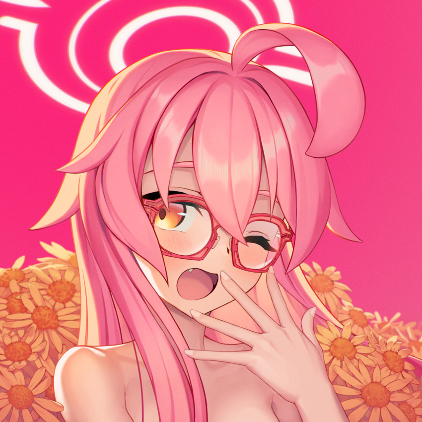 1girl ;o bare_shoulders bespectacled blue_archive blush fang flower glasses halo hand_up highres hoshino_(blue_archive) long_hair looking_at_viewer one_eye_closed open_mouth pink_hair pink_halo portrait rotix simple_background sleepy smile solo yawning yellow_eyes