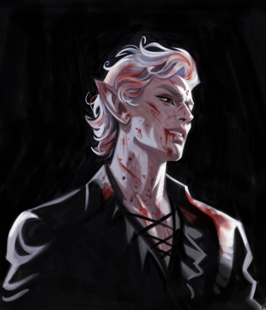 1boy astarion baldur's_gate baldur's_gate_3 bite_mark black_background black_shirt blood blood_in_hair blood_on_clothes blood_on_face collarbone dungeons_and_dragons grey_hair highres male_focus pointy_ears shirt short_hair solo stephanie_(stephpeppery) teeth upper_body vampire