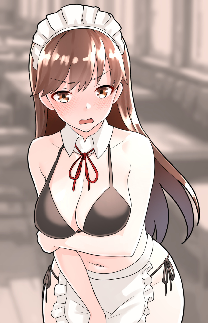 1girl alternate_costume apron bikini black_bikini blurry blurry_background breasts brown_eyes brown_hair detached_collar frilled_apron frills furaggu_(frag_0416) highres kantai_collection long_hair maid maid_apron maid_bikini maid_headdress medium_breasts navel ooi_(kancolle) open_mouth side-tie_bikini_bottom solo swimsuit unconventional_maid waist_apron white_apron