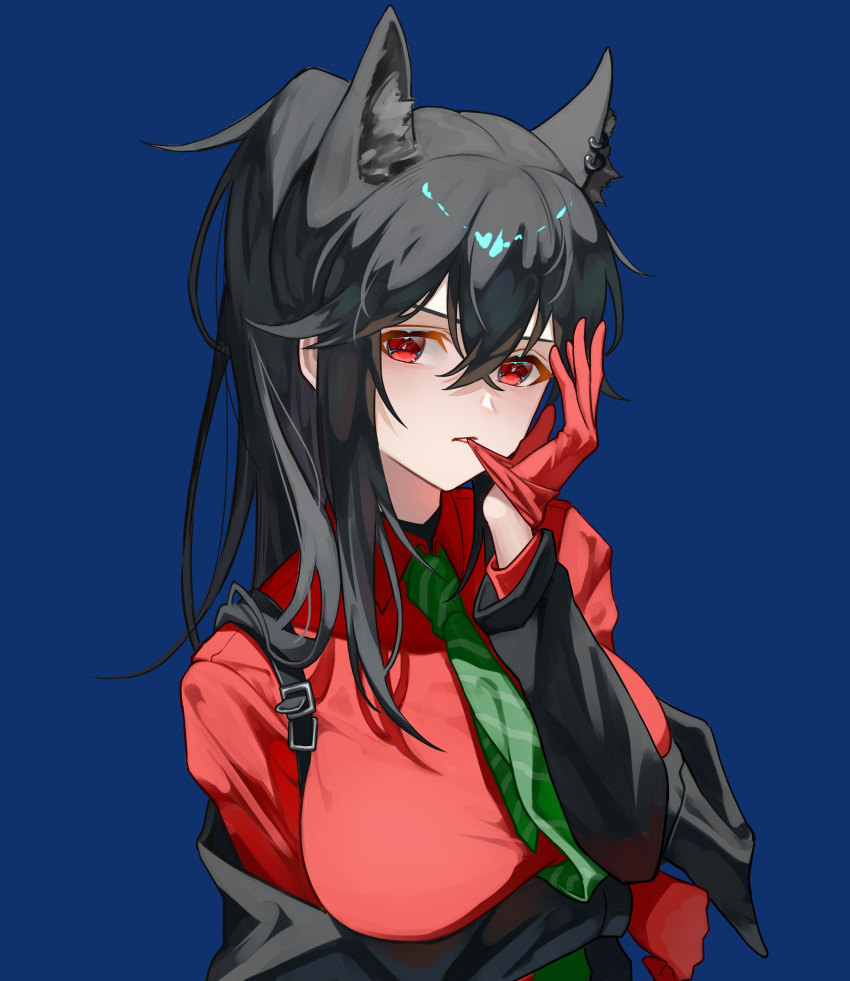 1girl absurdres animal_ear_fluff animal_ear_piercing animal_ears arknights arm_under_breasts biting black_hair black_jacket black_undershirt blue_background bow breasts buckle clothes_down collared_shirt commentary crossed_bangs diagonal-striped_clothes diagonal-striped_necktie dress_shirt expressionless extra_ears fenglansishui glove_biting gloves green_necktie hair_between_eyes hair_flowing_over hand_up highres hoop_piercing jacket large_breasts layered_clothes layered_sleeves long_bangs long_hair long_sleeves looking_at_viewer necktie official_alternate_costume open_clothes open_jacket parted_lips ponytail red_eyes red_gloves red_shirt shadow shirt shoulder_strap sidelocks simple_background solo standing straight_hair striped_clothes striped_necktie swept_bangs teeth texas_(arknights) texas_(willpower)_(arknights) undershirt upper_body wing_collar wolf_ears wolf_girl