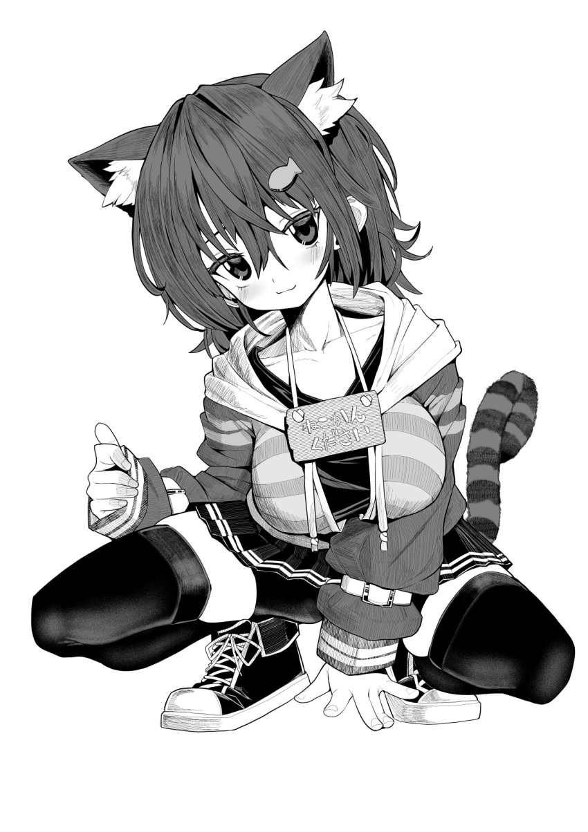 1girl animal_ear_fluff animal_ears blush cat_ears cat_girl cat_tail closed_mouth collarbone drawstring fish_hair_ornament fumino_tamaki fumino_tamaki_(1st_costume) greyscale hair_between_eyes hair_ornament highres hood hood_down hoodie long_sleeves looking_at_viewer medium_hair monochrome mrsusan_desu nijisanji open_clothes open_hoodie pleated_skirt shirt shoes shorts shorts_under_skirt sign sign_around_neck skindentation skirt sneakers solo squatting tail thighhighs virtual_youtuber