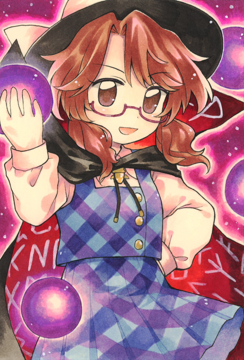 1girl black_headwear blue_skirt blue_vest brown_eyes brown_hair cape glasses hat high_collar highres maa_(forsythia1729) plaid plaid_skirt plaid_vest runes shirt skirt solo touhou twintails usami_sumireko vest white_shirt