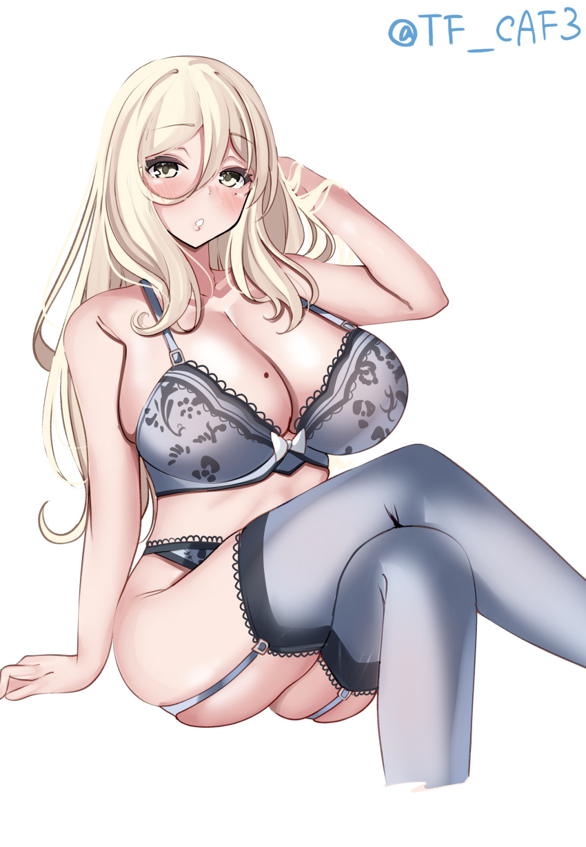 1girl absurdres alternate_costume blonde_hair bra breasts cleavage commentary_request crossed_legs garter_straps grey_bra grey_panties grey_thighhighs hair_between_eyes highres kantai_collection lace-trimmed_bra lace-trimmed_panties lace_trim large_breasts long_hair looking_at_viewer mole mole_on_breast one-hour_drawing_challenge panties parted_lips richelieu_(kancolle) simple_background solo tf_cafe thighhighs twitter_username underwear underwear_only white_background yellow_eyes