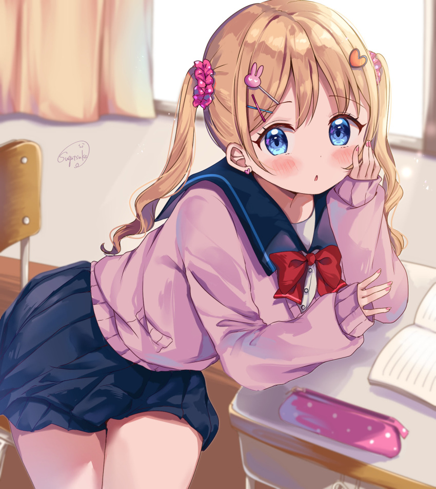 1girl artist_name blonde_hair blue_sailor_collar blue_skirt blurry blurry_background blush bow bowtie breasts classroom depth_of_field desk eyebrows_hidden_by_hair hair_bow hair_ornament hairclip hand_on_own_cheek hand_on_own_face hands_up heart heart_hair_ornament highres long_hair looking_at_viewer manicure nail_polish on_chair original pleated_skirt red_bow ribbon sailor_collar school_desk school_uniform serafuku sidelocks sitting skirt solo sugutsuka_rerun sunlight sweater sweater_vest twintails two_side_up uniform window x_hair_ornament