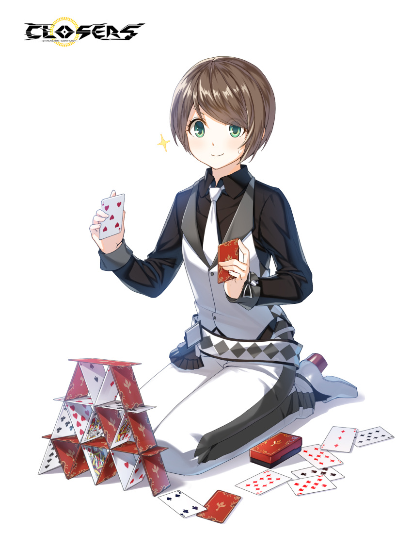 1boy ace_(playing_card) ace_of_diamonds ace_of_hearts alternate_hair_color belt black_bow black_shirt black_socks bob_cut bow brown_hair card closed_mouth closers collared_shirt copyright_name croupier diamond_(shape) dress_pants dress_shirt dress_shoes eight_of_clubs eight_of_spades facing_viewer five_of_hearts four_of_clubs full_body green_eyes hands_up heart high_heels highres holding holding_card house_of_cards king_(playing_card) king_of_spades logo long_sleeves looking_down male_focus mistilteinn_(closers) necktie nine_of_diamonds nine_of_hearts nine_of_spades official_art on_ground pants playing_card queen_(playing_card) queen_of_diamonds seiza shadow shirt short_hair sitting six_of_hearts smile socks solo sparkle sweat swept_bangs tachi-e ten_of_diamonds three_of_diamonds three_of_spades vest waistcoat white_background white_belt white_footwear white_necktie white_pants white_vest wrist_bow