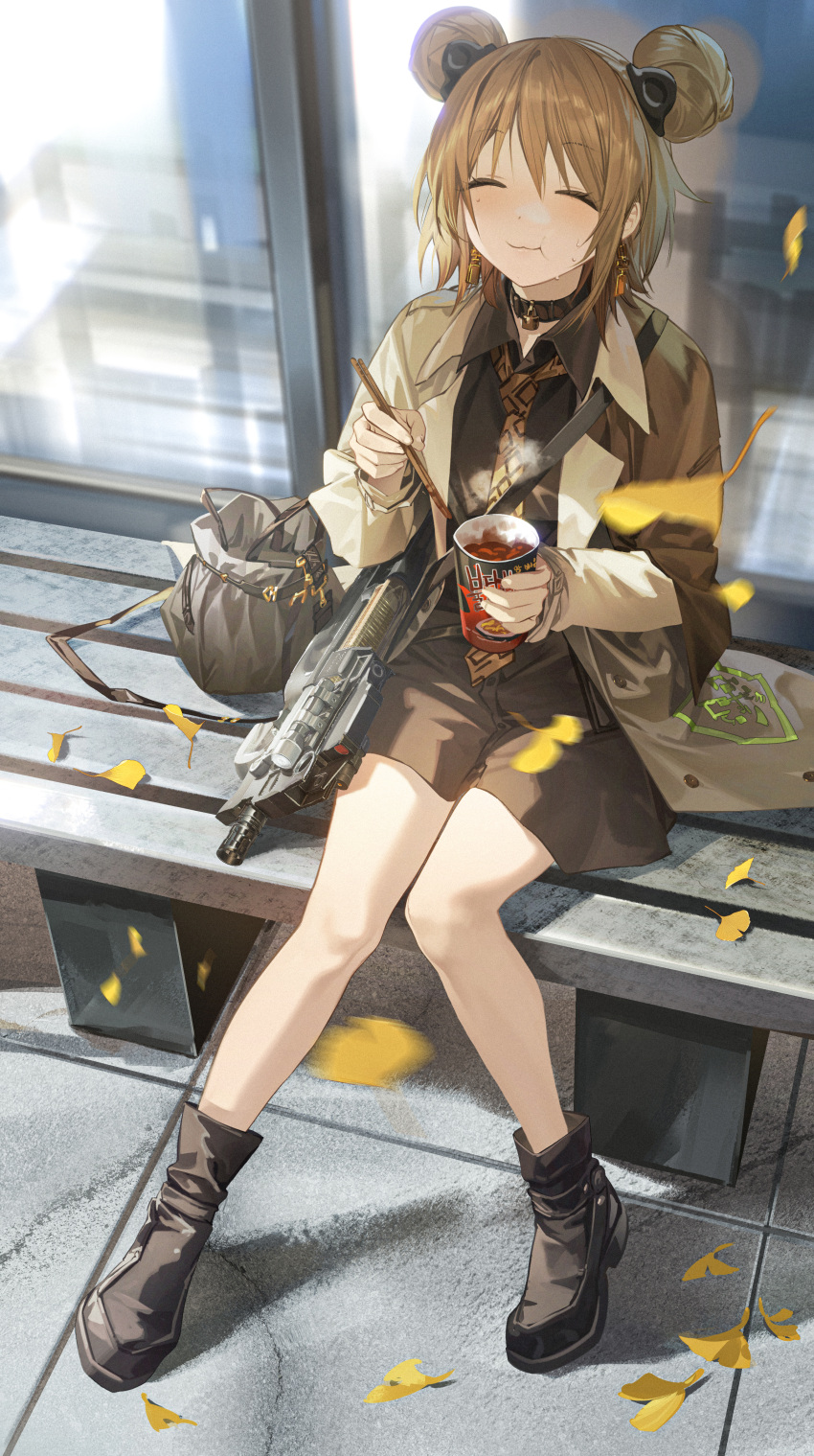 1girl absurdres bell black_footwear boots brown_bag brown_coat brown_hair brown_necktie brown_shirt brown_shorts bullpup chopsticks closed_eyes coat collared_shirt cup_ramen double_bun earrings eating food from_above girls'_frontline gun hair_bun highres holding holding_chopsticks holding_food jewelry leaf long_sleeves medium_hair neck_bell necktie open_clothes open_coat optical_sight outdoors p90 p90_(girls'_frontline) p90_(the_girl_from_b.e.l)_(girls'_frontline) rff_(3_percent) shirt shorts sitting sitting_on_bench smile solo submachine_gun sweat weapon window