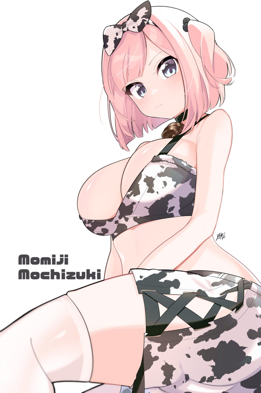 1girl animal_print bare_shoulders bell black_choker blue_eyes blush bow bow_hairband bra breasts character_name choker closed_mouth commentary_request cow_print cowbell from_below hair_ornament hairband highres huge_breasts looking_at_viewer medium_hair misao_koinu mochizuki_momiji neck_bell new_game! one_side_up pink_hair pom_pom_(clothes) pom_pom_hair_ornament serious shorts signature simple_background solo thighhighs thighs underwear white_background white_bow white_bra white_shorts white_thighhighs