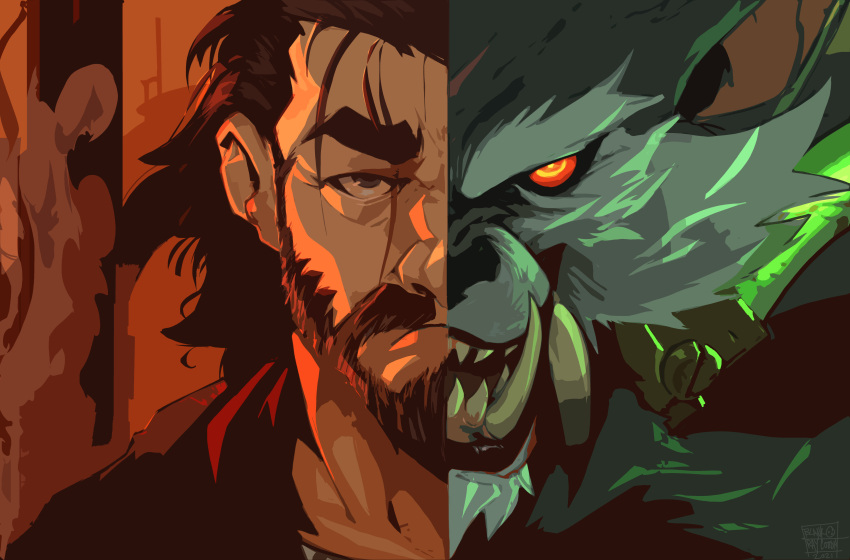 2boys absurdres arcane:_league_of_legends beard blnk body_fur brown_hair closed_mouth colored_sclera commentary commission english_commentary facial_hair fangs full_beard green_background green_theme grey_fur hair_slicked_back highres league_of_legends looking_at_viewer multiple_boys red_background red_sclera red_theme scar scar_on_face sharp_teeth short_hair split split_screen spoilers teeth thick_eyebrows vander_(arcane) warwick werewolf yellow_eyes