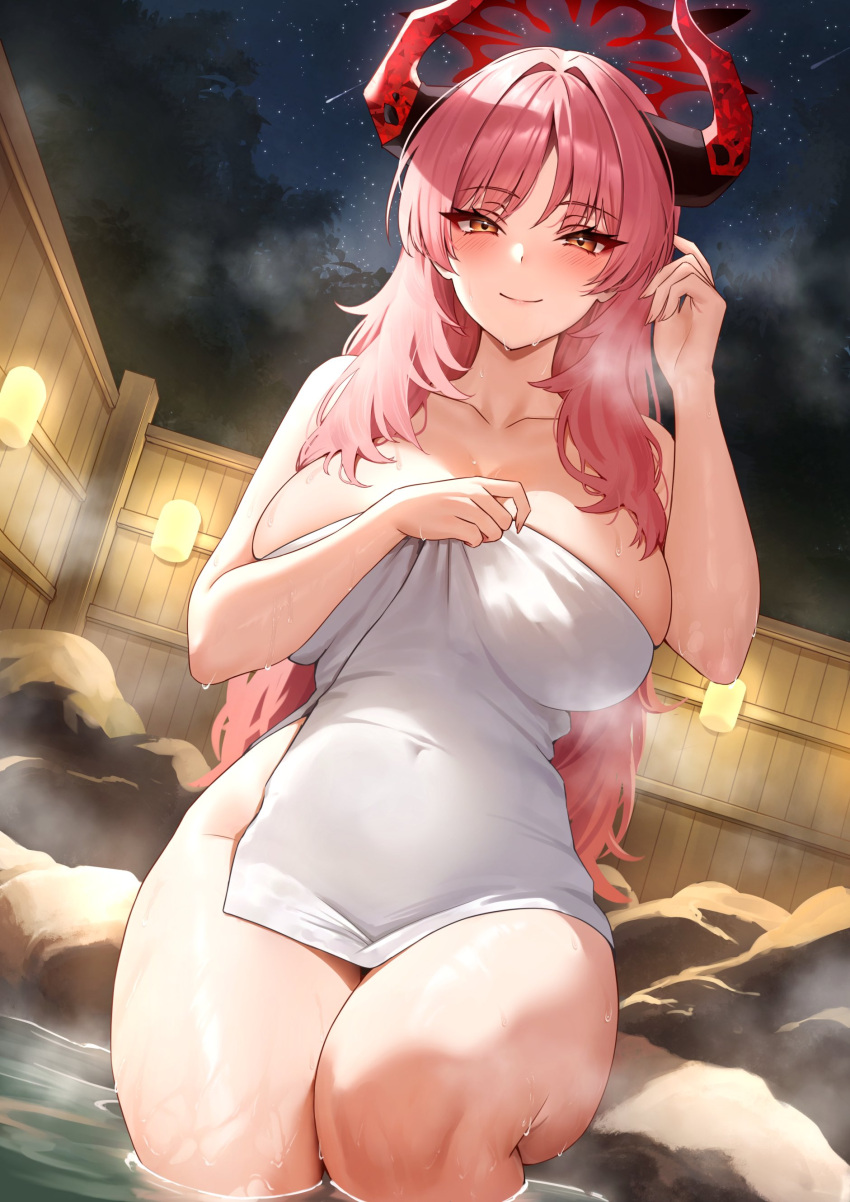 1girl absurdres black_horns blue_archive blush breasts brown_eyes closed_mouth collarbone commentary_request covered_navel demon_horns dutch_angle fence halo hands_up highres holika_baby horns lantern large_breasts long_hair looking_at_viewer multicolored_horns naked_towel night onsen outdoors pink_hair red_halo red_horns rock satsuki_(blue_archive) shooting_star sitting smile soaking_feet solo star_(sky) steam towel tree two-tone_horns very_long_hair water water_drop wet white_towel wooden_fence