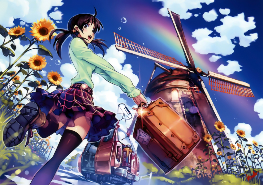 absurdres black_legwear blue_sky boots brown_eyes brown_hair cloud day flower frilled_skirt frills ground_vehicle highres looking_back low_twintails original rainbow scenery skirt sky smile solo suitcase sunflower thighhighs train twintails vania600 windmill