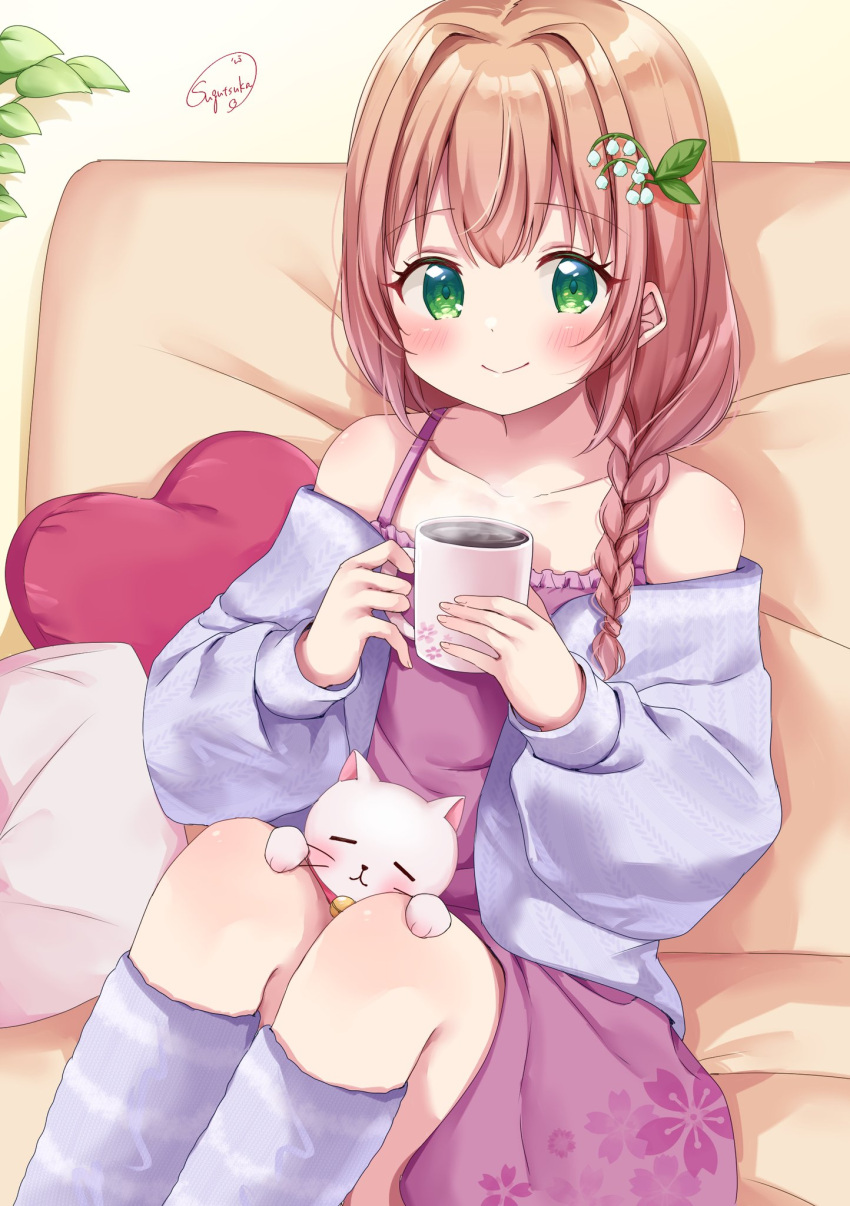 1girl ahoge artist_name bare_shoulders blush braid brown_hair closed_mouth collarbone commission cup detached_sleeves dress drinking eyebrows_hidden_by_hair floral_print frills green_eyes hair_ornament highres holding holding_cup indoors kneehighs knees_up long_hair looking_at_viewer mug off_shoulder original pillow puffy_sleeves purple_dress sidelocks sitting skeb_commission smile socks solo striped_clothes striped_socks stuffed_animal stuffed_toy sugutsuka_rerun