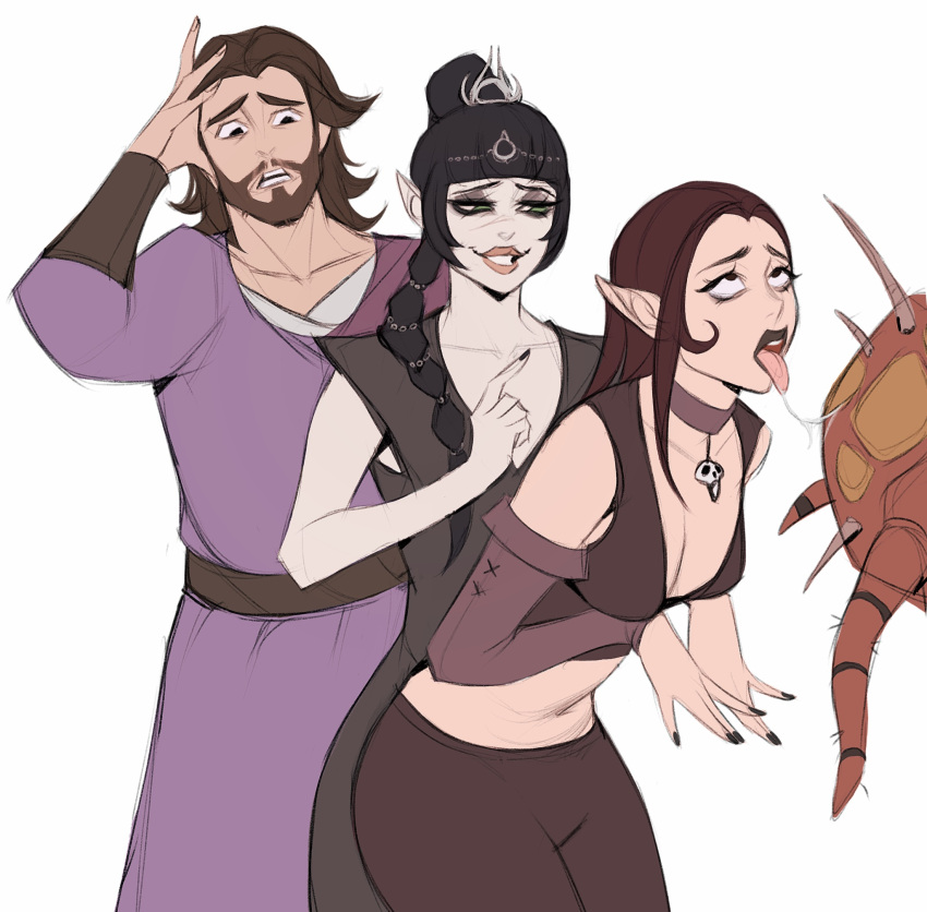 1boy 2girls baldur's_gate baldur's_gate_3 black_nails black_pants braid braided_ponytail breasts brown_choker brown_hair bug choker cleavage collarbone detached_sleeves dungeons_and_dragons gale_(baldur's_gate) grey_background grin half-closed_eyes hand_up highres large_breasts licking long_sleeves multiple_girls nail_polish navel orange_eyes pants pointy_ears saliva saliva_trail shadowheart_(baldur's_gate) simple_background smile spider tav_(baldur's_gate_3) teeth ykshelter