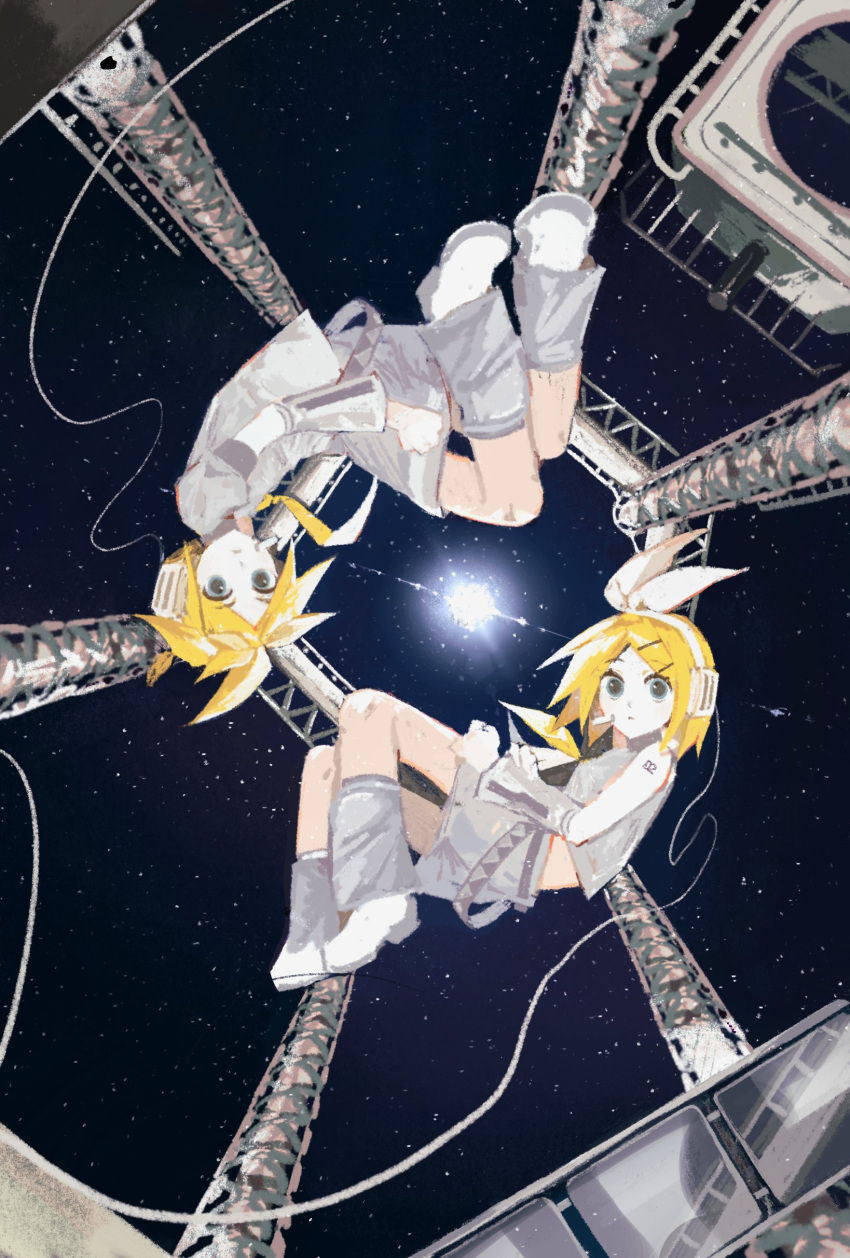 1boy 1girl absurdres blonde_hair blue_eyes cable closed_mouth detached_sleeves floating grey_leg_warmers grey_shirt grey_shorts hairband headset highres kagamine_len kagamine_rin leg_warmers looking_at_viewer medium_hair shirt shoes short_hair short_sleeves shorts sleeveless sleeveless_shirt space spacecraft star_(sky) vocaloid white_footwear white_hairband yaa0