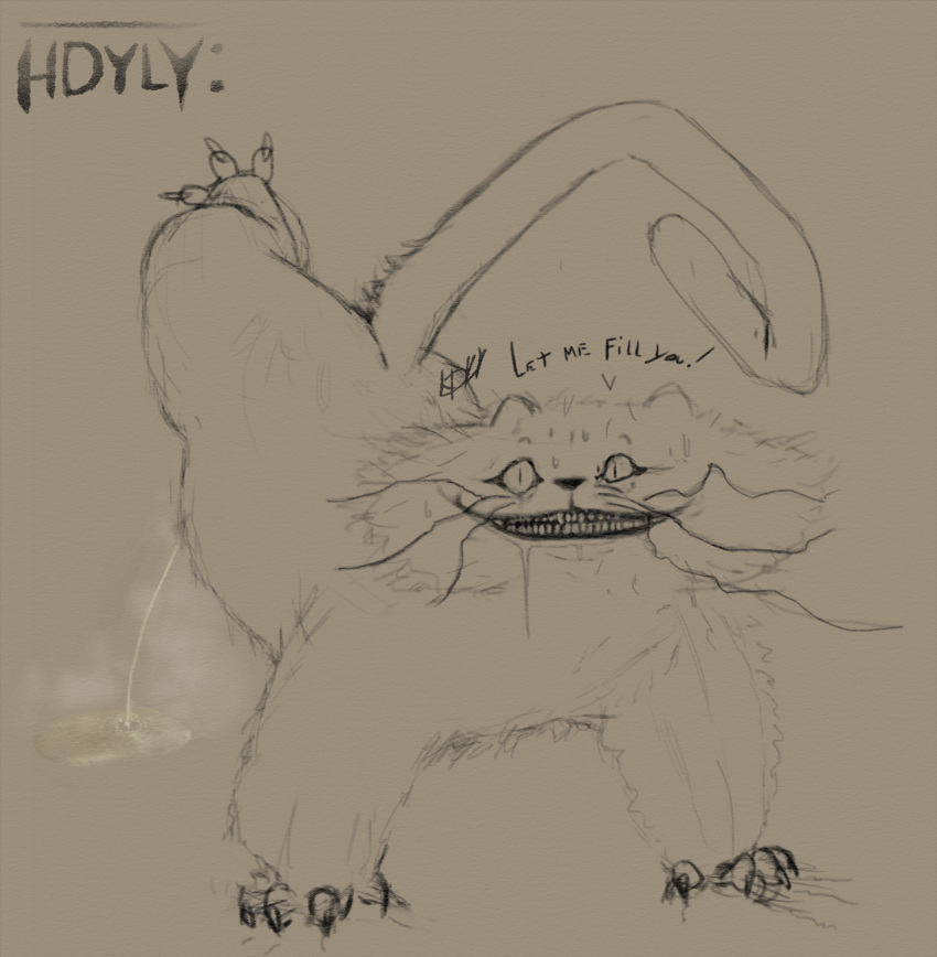 absurd_res anthro bared_teeth bodily_fluids claw_marks claws_out clenched_teeth dialogue felid feline genital_fluids genitals guide_lines hdyly hi_res male mammal prehensile_tail raised_leg sketch steam tail teeth teeth_showing urine urine_on_ground urine_pool urine_stream
