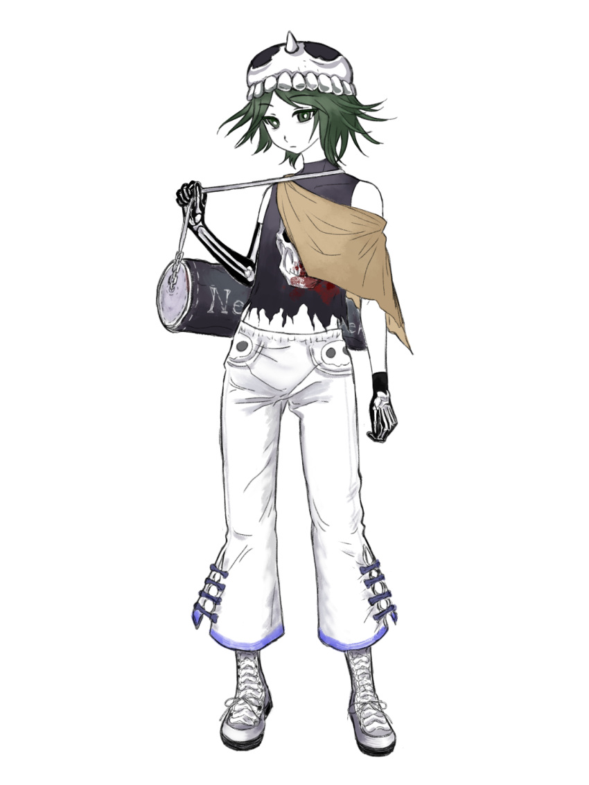 adapted_costume androgynous black_bag black_shirt blood blood_on_clothes boots closed_mouth colored_skin full_body green_eyes green_hair highres kitsugai_sese len'en other_focus pants shiluodejiyi237 shirt short_hair simple_background skeletal_arm skeletal_hand skull_on_head skull_print sleeveless sleeveless_shirt torn_clothes torn_shirt white_background white_footwear white_pants white_skin