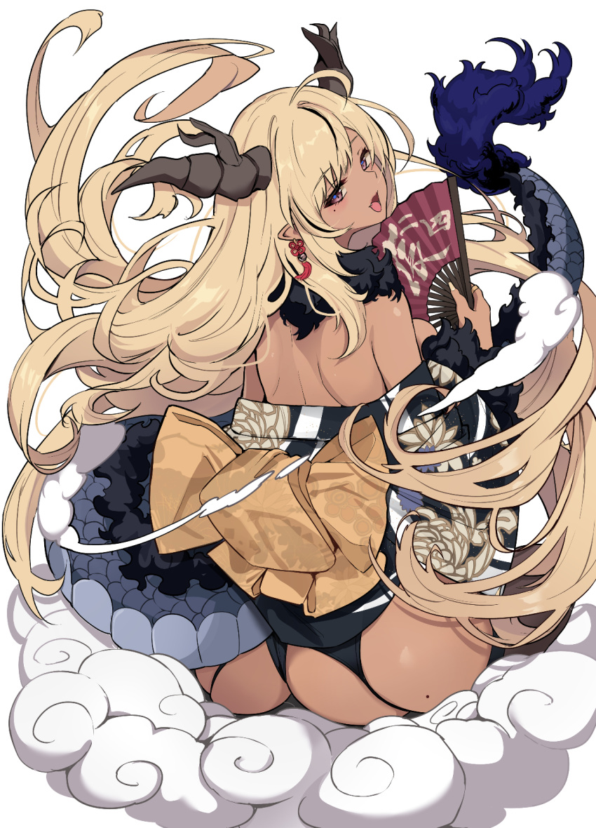 1girl ass back bare_shoulders black_panties blonde_hair blush breasts chinese_zodiac cloud dark-skinned_female dark_skin dragon dragon_girl dragon_horns dragon_tail earrings fang folding_fan from_behind fur-trimmed_sleeves fur_scarf fur_trim garter_straps hand_fan highres holding holding_fan horns japanese_clothes jewelry kimono large_breasts long_hair long_sleeves looking_at_viewer looking_back mole mole_on_ass mole_under_eye new_year obi off_shoulder open_mouth original panties sash simple_background sitting smile solo tail thong tongue underwear untue very_long_hair white_background year_of_the_dragon