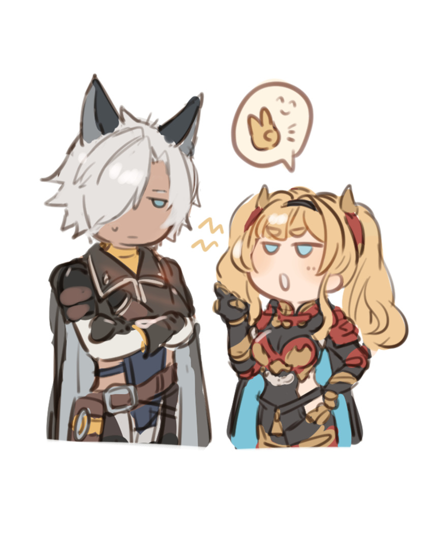 1boy 1girl animal_ears armor belt black_ears black_gloves black_hairband blonde_hair blue_eyes breastplate cape crossed_arms erune eustace_(granblue_fantasy) gauntlets gloves granblue_fantasy hairband highres hip_vent index_finger_raised long_scarf scarf shimatani_azu twintails white_hair zeta_(granblue_fantasy) zeta_(water)_(granblue_fantasy)