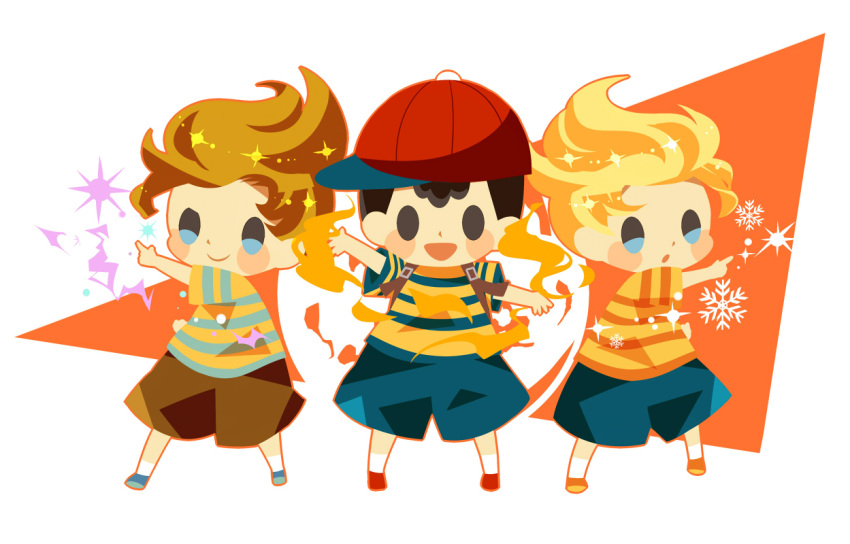 3boys black_hair blonde_hair blue_footwear blue_shorts blush_stickers brown_hair brown_shorts claus_(mother_3) claus_(mother_3)_(cosplay) closed_mouth cosplay cryokinesis fire full_body hitofutarai index_finger_raised lucas_(mother_3) male_focus mother_(game) mother_2 mother_3 multiple_boys ness_(mother_2) open_mouth pyrokinesis short_hair shorts smile super_smash_bros.