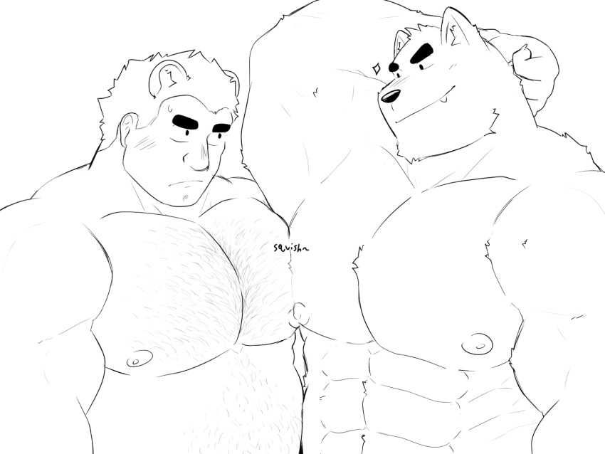 2boys abs arm_behind_head bara belly blush chest_hair eye_contact greyscale highres huge_pectorals ienjoybuff looking_at_another male_focus monochrome multiple_boys muscular muscular_male navel_hair nipples nude original pectoral_docking pectoral_press plump sanpaku short_hair smile thick_eyebrows upper_body yaoi
