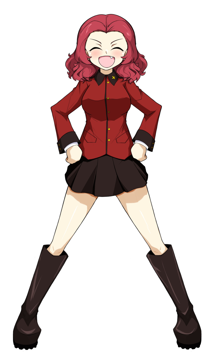 1girl :d absurdres black_footwear black_skirt boots closed_eyes commentary facing_viewer fang full_body girls_und_panzer hands_on_own_hips highres jacket knee_boots legs_apart long_sleeves medium_hair military_uniform miniskirt open_mouth pleated_skirt red_hair red_jacket rosehip_(girls_und_panzer) shibainutank simple_background skirt smile solo st._gloriana's_military_uniform standing uniform white_background