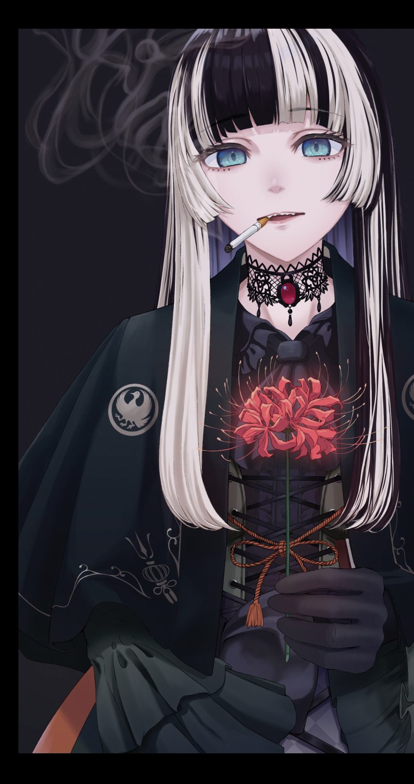 1girl absurdres black_hair blonde_hair blue_eyes blunt_bangs choker cigarette flower highres holding holding_flower hololive hololive_dev_is juufuutei_raden lace lace_choker long_hair looking_at_viewer multicolored_hair parted_lips sharp_teeth smoke smoking solo spider_lily teeth theo_tartaros two-tone_hair