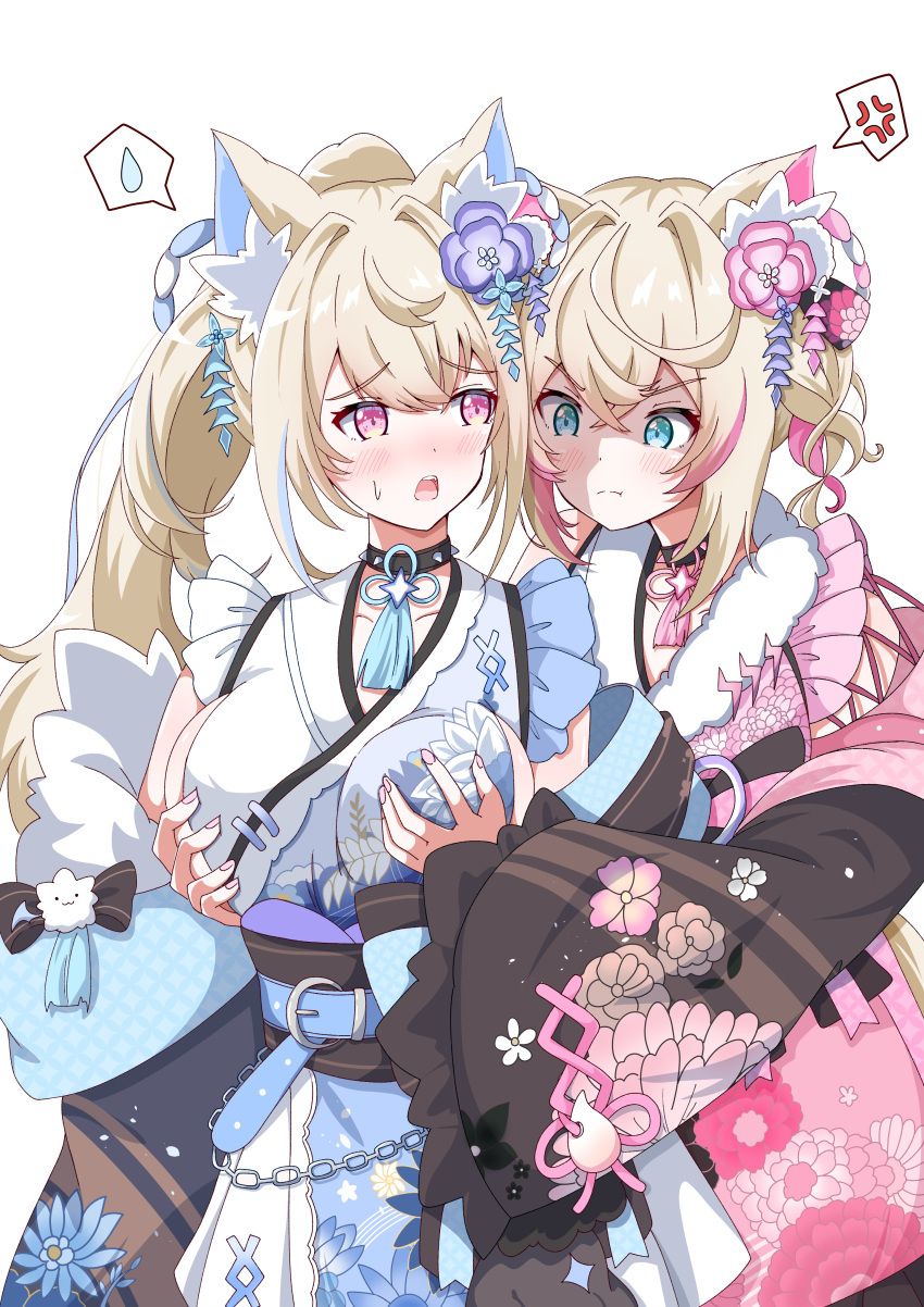 2girls absurdres animal_ear_fluff animal_ears belt black_sash blonde_hair blue_belt blue_eyes blue_hair blue_kimono breasts closed_mouth dog_ears dog_girl ekaki_mato floral_print_kimono flower fuwawa_abyssgard fuwawa_abyssgard_(new_year) grabbing grabbing_another's_breast hair_flower hair_ornament highres hololive hololive_english japanese_clothes kimono large_breasts long_hair looking_at_another mococo_abyssgard mococo_abyssgard_(new_year) multicolored_hair multiple_girls obi official_alternate_costume open_mouth pink_belt pink_eyes pink_hair pink_kimono ponytail sash short_hair siblings sisters sleeveless sleeveless_kimono streaked_hair twins twintails virtual_youtuber white_background