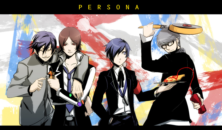 black_hair blue_eyes blue_hair brown_eyes brown_hair crossover frying_pan grey_eyes grey_hair highres ketchup lighter meguritei multiple_boys narukami_yuu necktie persona persona_1 persona_2 persona_3 persona_4 school_uniform st._hermelin_school_uniform suou_tatsuya toudou_naoya translated yuuki_makoto