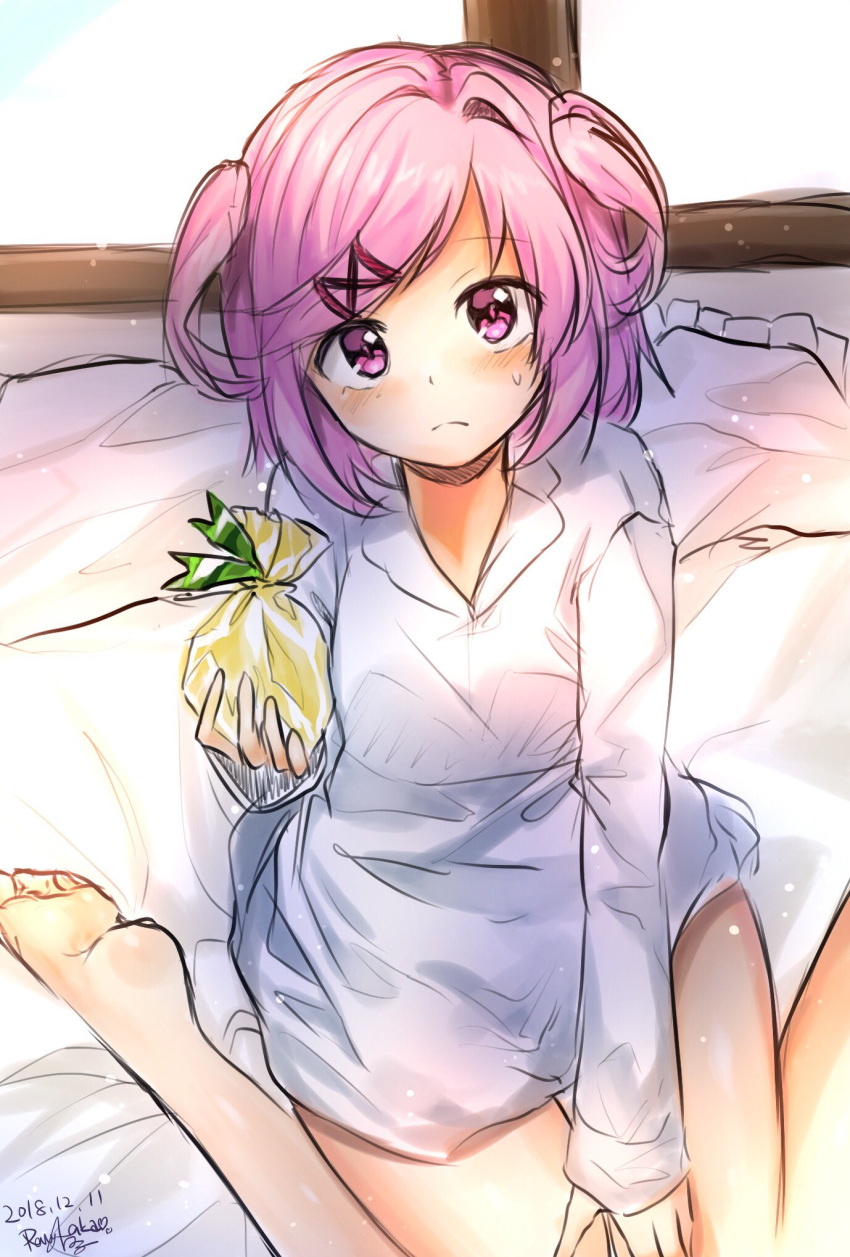 1girl bag bare_legs barefoot commentary_request dated doki_doki_literature_club frown hair_ornament hairclip hand_on_lap head_tilt highres long_sleeves looking_at_viewer natsuki_(doki_doki_literature_club) no_pants pink_eyes pink_hair sea_scorpion_(umisasori) shirt short_hair signature sitting sketch solo sweatdrop two_side_up white_shirt
