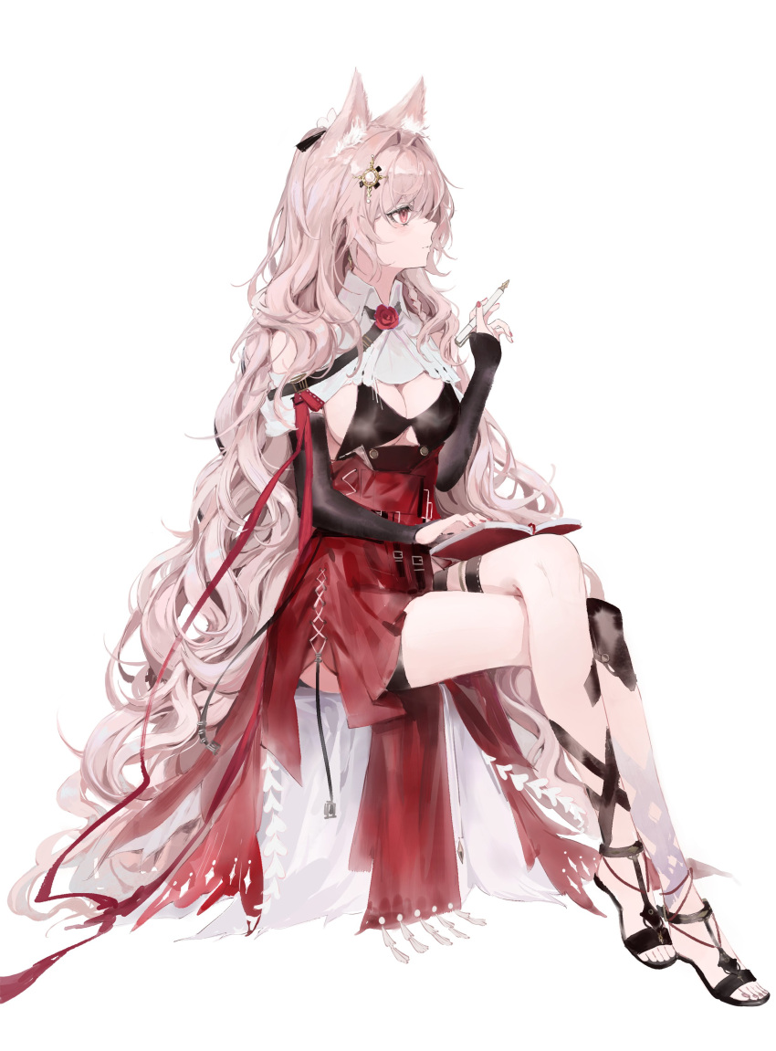 1girl absurdres animal_ear_fluff animal_ears arknights black_bra black_footwear black_sleeves book_on_lap bra braid breasts cleavage closed_mouth commentary detached_sleeves flower flower_brooch full_body hair_ornament high-waist_skirt highres holding holding_pen large_breasts long_hair nail_polish pen pink_eyes pink_hair pozyomka_(arknights) red_flower red_nails red_rose red_skirt rose sandals side_braid simple_background sitting skirt solo underwear very_long_hair white_background wolf_ears wolf_girl yamiiv