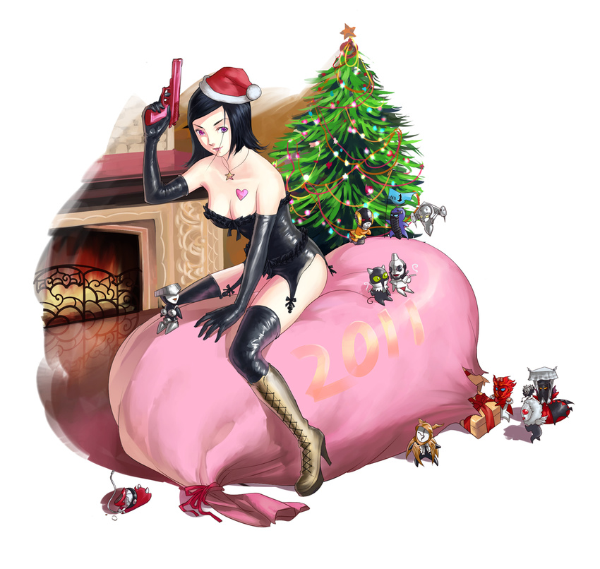 2011 aizen_myouou_(persona_1) amano_maya apollo_(persona_2) artemis_(persona_2) bad_id bad_pixiv_id black_eyes black_hair boots breasts callisto_(persona_2) character_doll christmas_tree chronos_(persona_2) cleavage elbow_gloves eros_(persona_2) fireplace gift gloves gun hades_(persona_2) handgun hat helios_(persona_2) high_heels highres leather medium_breasts nike_(persona_1) odysseus_(persona_2) persona persona_2 pistol sack santa_hat shoes short_hair shuffler vesta_(persona_1) weapon