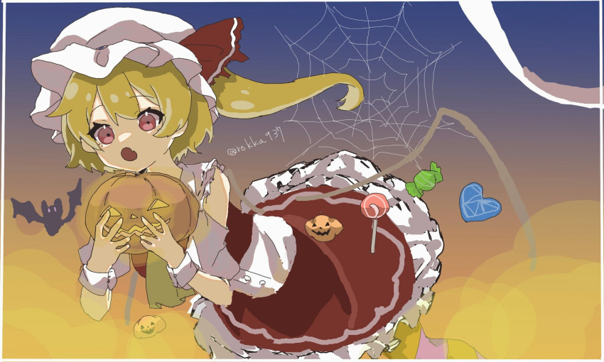 1girl ascot bat_(animal) bat_wings blonde_hair candy cowboy_shot crystal dress flandre_scarlet food halloween hat highres jack-o'-lantern medium_hair mob_cap open_mouth red_dress red_eyes ribbon side_ponytail silk solo spider_web touhou user_pxaw4585 wings yellow_ascot