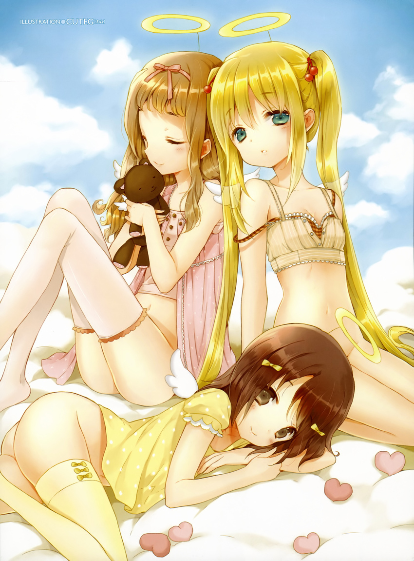 absurdres angel_wings aqua_eyes ass bare_shoulders barefoot blonde_hair bottomless bow bra brown_eyes brown_hair camisole closed_eyes cloud cuteg day fake_halo flat_chest hair_bobbles hair_bow hair_ornament hair_ribbon halo heart highres long_hair looking_at_viewer lying multiple_girls navel no_panties object_hug on_side original parted_lips plaid plaid_bra ribbon seiza short_hair sitting smile strap_slip stuffed_animal stuffed_toy teddy_bear thighhighs twintails underwear very_long_hair white_legwear wings yellow_legwear