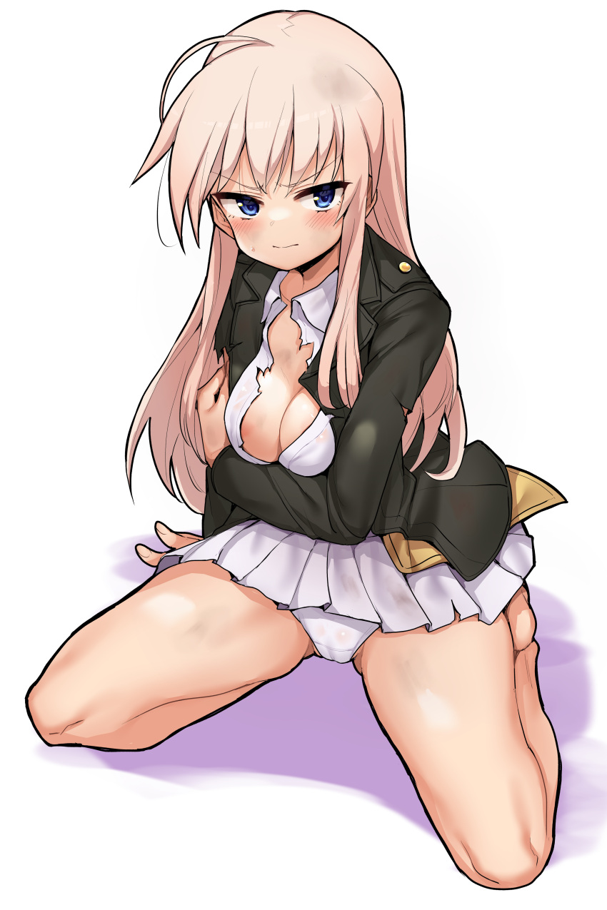 1girl absurdres bare_legs blonde_hair blue_eyes blush breasts buta-don cameltoe cleavage closed_mouth embarrassed hanna-justina_marseille highres large_breasts long_hair looking_at_viewer microskirt military_uniform panties skirt solo strike_witches thighs underwear uniform white_panties world_witches_series