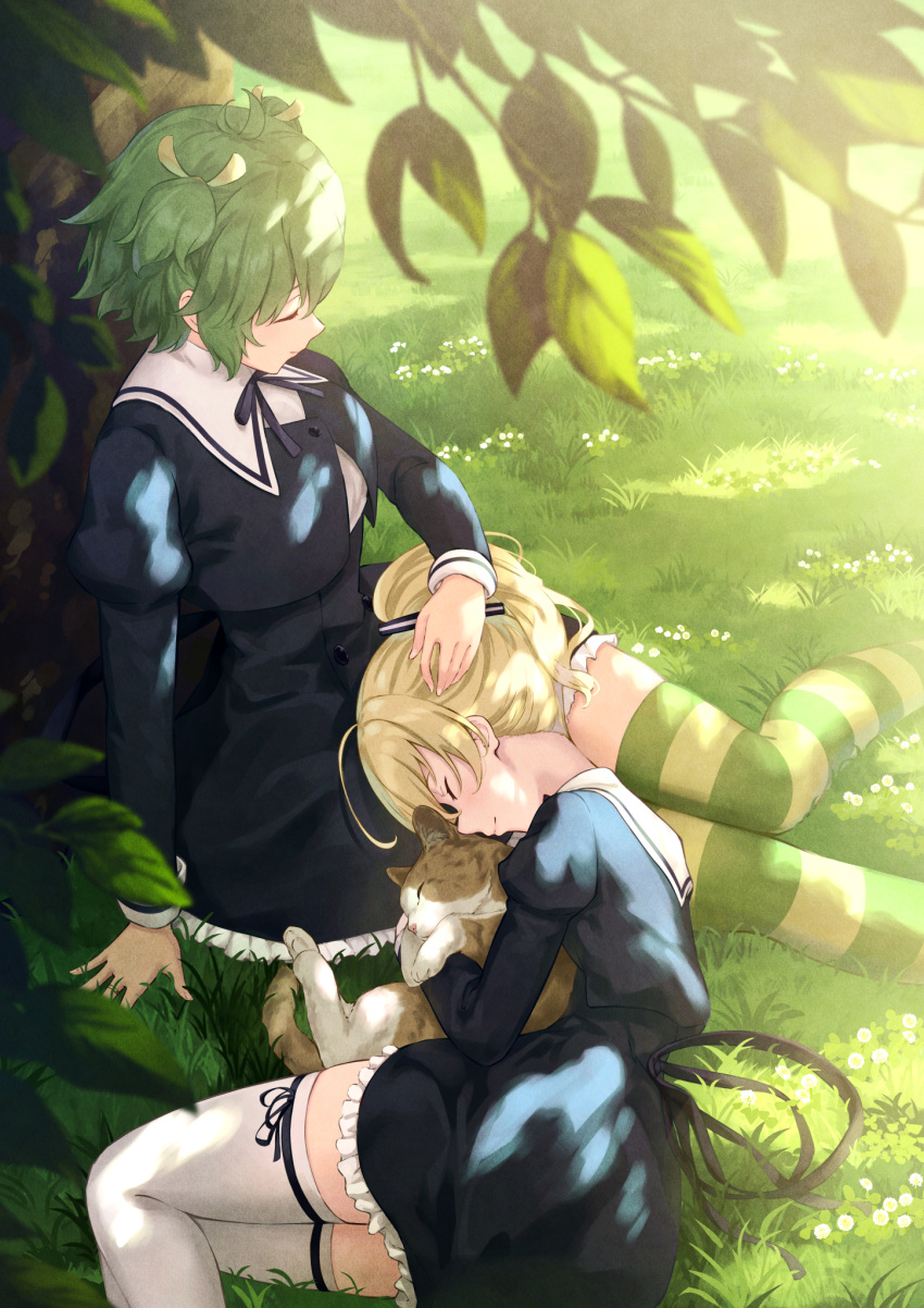 2girls against_tree ahoge andou_tazusa animal animal_hug antenna_hair arm_at_side assault_lily black_ribbon black_skirt blonde_hair blurry blurry_foreground cat closed_eyes closed_mouth commentary cropped_jacket dappled_sunlight day feet_out_of_frame flower frilled_skirt frills grass green_hair green_thighhighs hair_between_eyes hair_ribbon hand_on_another's_head hand_up high-waist_skirt high_ponytail highres juliet_sleeves knees_together_feet_apart lap_pillow leg_ribbon legs_together long_sleeves lying miniskirt multicolored_thighhighs multiple_girls neck_ribbon nuenue on_grass on_ground on_side outdoors ponytail profile puffy_sleeves ribbon school_uniform shirt short_hair sitting skirt smile striped_clothes striped_ribbon striped_thighhighs sunlight thigh_ribbon thighhighs tree tree_shade two_side_up white_flower white_shirt white_thighhighs yellow_ribbon yellow_thighhighs yoshimura_thi_mai yuri yurigaoka_girls_academy_school_uniform zettai_ryouiki