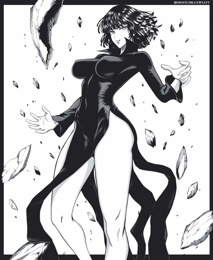 1girl breasts debris dress fubuki_(one-punch_man) greyscale highres large_breasts monochrome mostlybluewyatt one-punch_man short_hair side_slit solo twitter_username