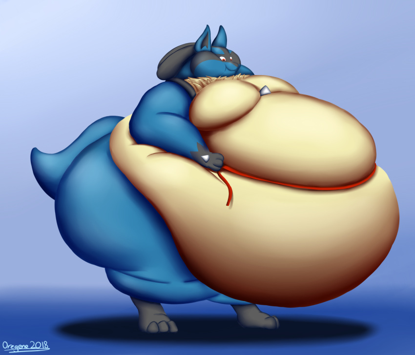 2018 anthro artist_name belly belly_squish big_belly big_butt black_inner_ear blue_background blue_body blue_butt blue_ears blue_face blue_tail butt chubby_cheeks colored digital_media_(artwork) fat_fetish generation_4_pokemon huge_butt huge_cheeks hyper hyper_belly hyper_butt lucario male moobs morbidly_obese morbidly_obese_anthro morbidly_obese_male nintendo obese obese_anthro obese_male oregene overweight overweight_anthro overweight_male pokemon pokemon_(species) red_eyes shaded simple_background smile solo spiked_chest spikes squish tail tan_belly tan_body tape_measure thick_thighs weight_gain
