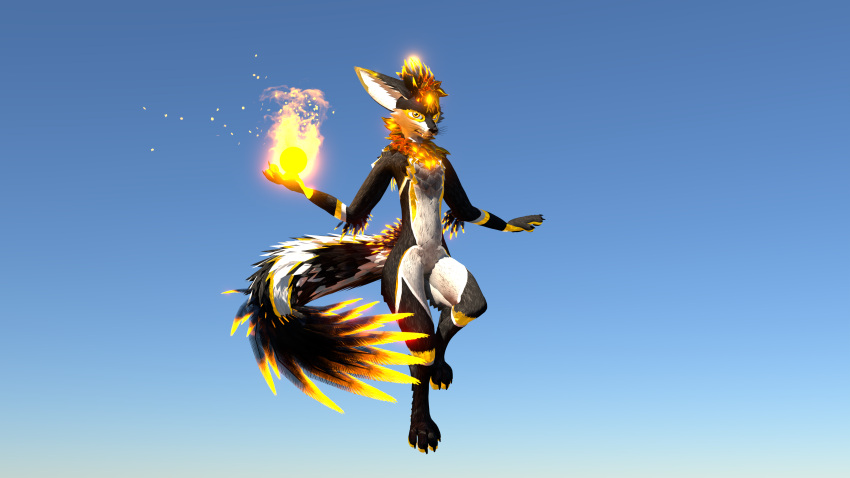 absurd_res alternate_color alternate_form anthro ascended_xevian black_body elemental_manipulation feathers fire fire_manipulation fireball floating fur glowing hi_res huge_filesize magic magic_user male rexouium stripes white_body white_fur white_stripes xevian_(xevianlight) xevianlight yellow_body yellow_feathers yellow_fur