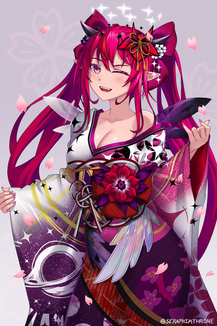 1girl blush breasts cleavage crystal_wings highres hololive hololive_english irys_(hololive) irys_(new_year)_(hololive) japanese_clothes kimono long_hair looking_at_viewer medium_breasts multicolored_hair official_alternate_costume one_eye_closed open_mouth petals pink_eyes pointy_ears purple_hair purple_kimono red_hair seraphim_throne smile solo teeth two-tone_hair two-tone_kimono upper_teeth_only virtual_youtuber white_background