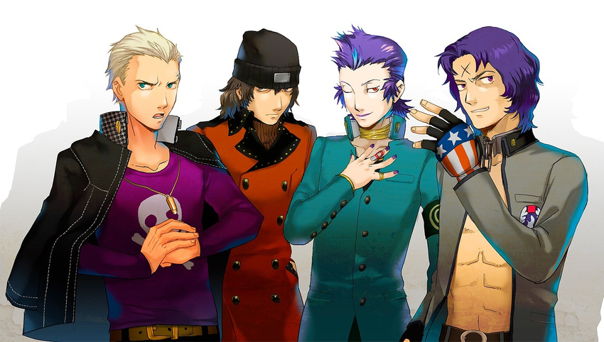 american_flag_gloves aragaki_shinjirou beanie blonde_hair blue_eyes blue_hair brown_eyes brown_hair crossover double-breasted fingerless_gloves gloves hat jewelry kido_reiji mishina_eikichi multiple_boys nail_polish one_eye_closed onopiyo persona persona_1 persona_2 persona_3 persona_4 red_eyes ring scar school_uniform short_hair st._hermelin_school_uniform tatsumi_kanji trench_coat