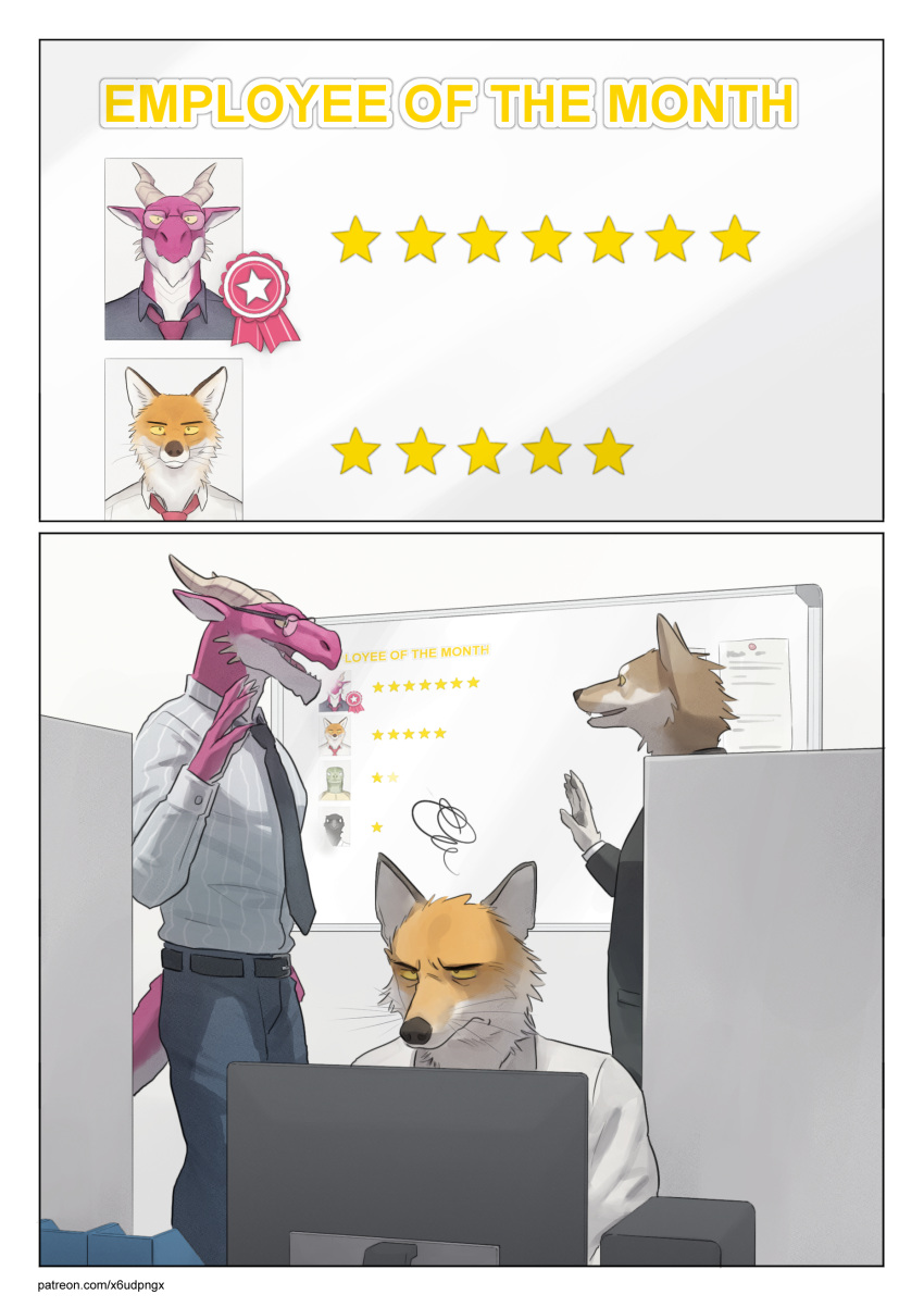 2024 absurd_res annoyed anthro biped brown_body brown_fur canid canine canis clothing digital_media_(artwork) dragon employee_of_the_month fox fur group hi_res male mammal necktie office office_clothing orange_body orange_fur pink_body pngx_(artist) scalie shirt topwear trio whiskers white_body white_fur wolf