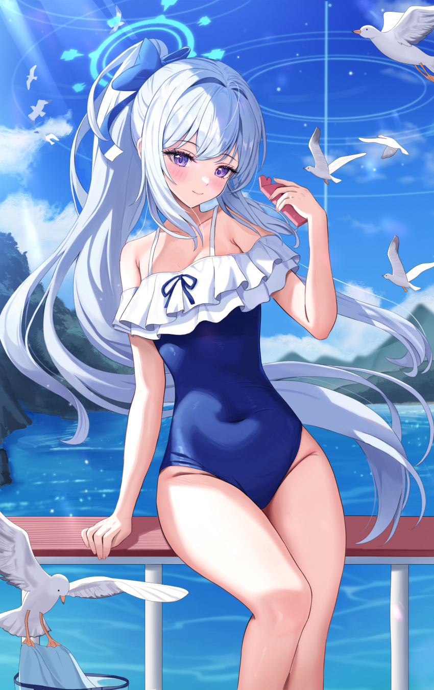 1girl absurdres animal bare_arms bare_legs bare_shoulders bird blue_archive blue_halo blue_one-piece_swimsuit blush cellphone closed_mouth day feet_out_of_frame frilled_one-piece_swimsuit frills grey_hair halo highres holding holding_phone kesa_pasa long_hair looking_at_viewer miyako_(blue_archive) miyako_(swimsuit)_(blue_archive) ocean off-shoulder_one-piece_swimsuit off_shoulder official_alternate_costume one-piece_swimsuit outdoors phone ponytail purple_eyes seagull smartphone smile solo swimsuit