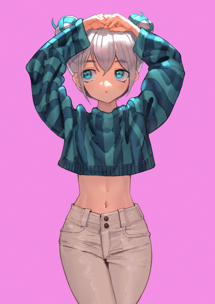 1girl absurdres aduo arms_up blue_eyes blue_shirt commentary_request crop_top double_bun grey_hair grey_pants hair_between_eyes hair_bun highres looking_to_the_side midriff navel original pants pink_background shirt sidelocks simple_background solo stomach striped_clothes striped_shirt thick_eyebrows vertical-striped_clothes vertical-striped_shirt