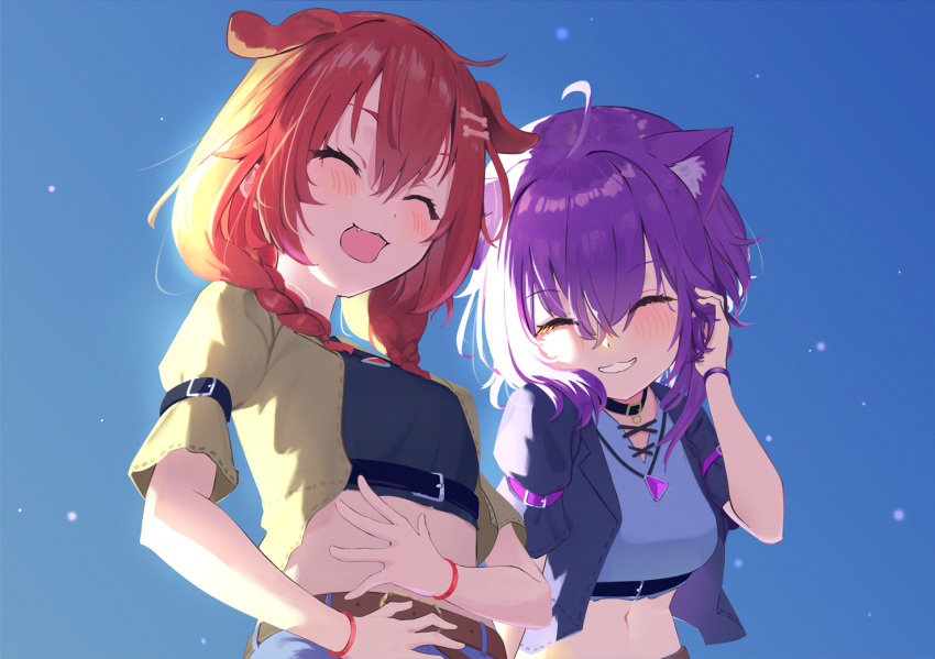 2girls ^_^ adjusting_hair ahoge alternate_costume animal_ears arm_belt backlighting belt black_shirt blue_background blue_sky blush bone_hair_ornament bracelet brown_belt brown_hair cat_ears cat_girl closed_eyes commentary_request dog_ears dog_girl hair_ornament hand_up hololive inugami_korone jewelry midriff multiple_girls navel nekomata_okayu nokisaki_nibosi open_clothes open_mouth open_shirt partial_commentary purple_hair shirt simple_background sky smile upper_body virtual_youtuber yellow_shirt