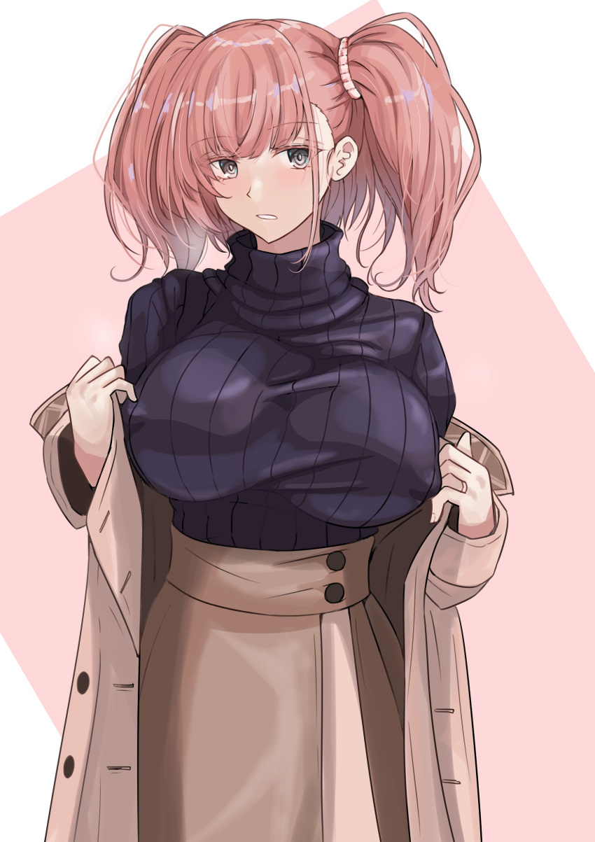 1girl absurdres atlanta_(kancolle) black_sweater breasts brown_coat brown_hair brown_skirt coat commentary grey_eyes high-waist_skirt highres kantai_collection ken_(shutenndouji1) large_breasts long_hair long_skirt long_sleeves looking_at_viewer parted_lips ribbed_sweater skirt solo sweater taut_sweater two-tone_background two_side_up undressing