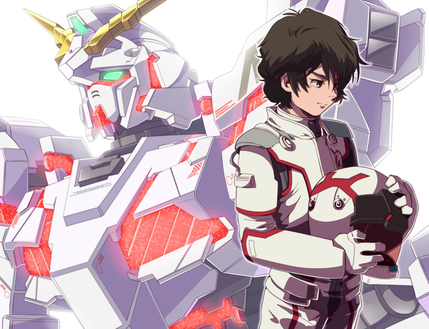 banagher_links brown_eyes brown_hair gundam gundam_unicorn headwear_removed helmet helmet_removed male_focus mecha nt-d pilot_suit solo suteito unicorn_gundam